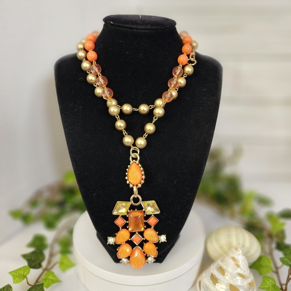 Long Orange and Gold Bead Necklace with Geometric Pendant